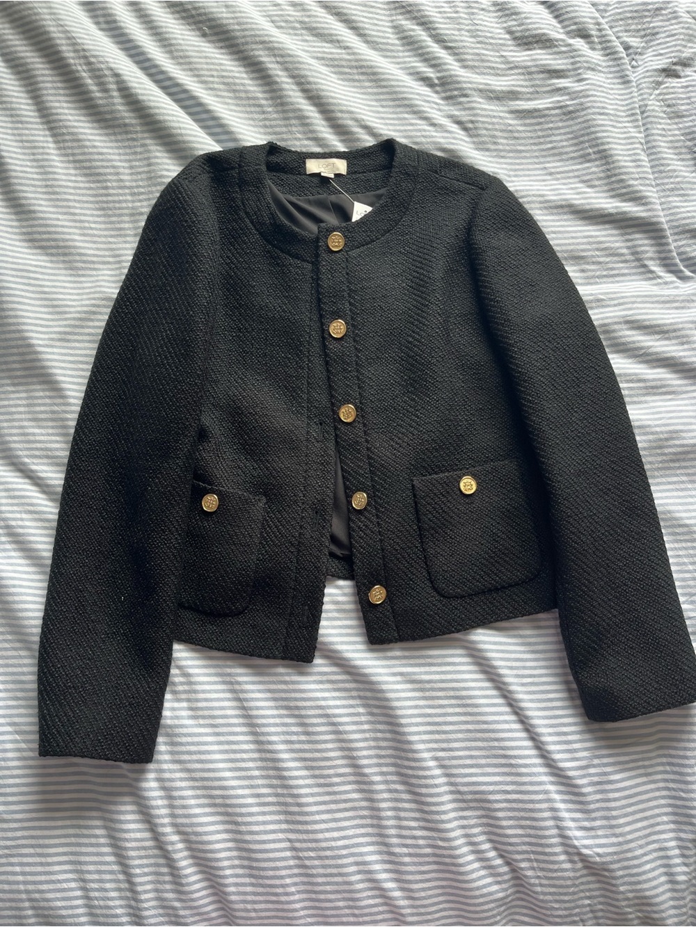NWT Loft Black Textured Tweed Jacket with Gold Button